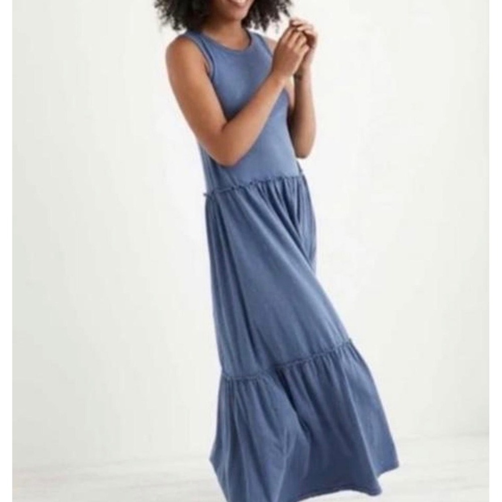 Aerie Maxi Tank Dress Women XS Blue Sleeveless Tiered Slub Knit Raw Edge Relaxed